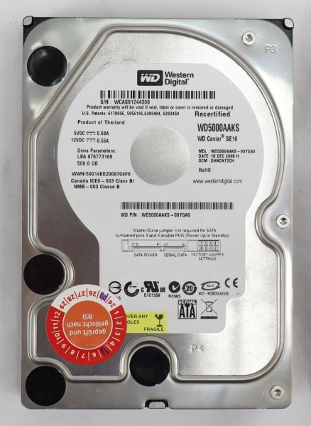 WESTERN DIGITAL HDD 500GB 3,5" SATA Festplatte WDC WD5000AAKS-00YGA0 251491