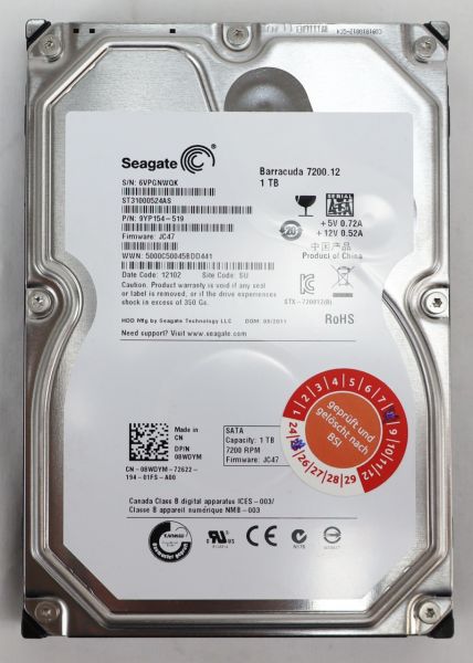SEAGATE Barracuda HDD 1TB 3,5" SATA Festplatte 7200upm ST31000524AS 251523