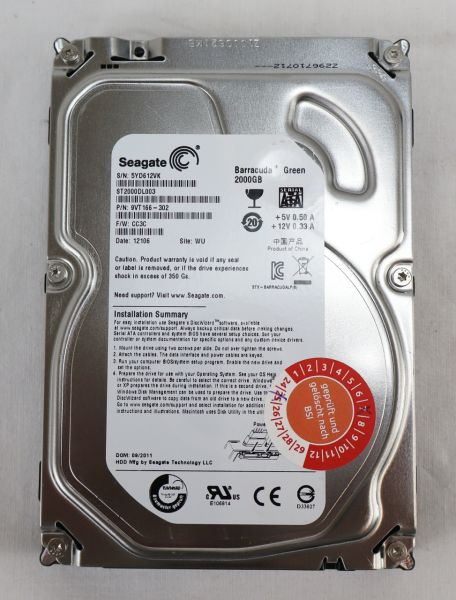 Seagate Barracuda Green HDD 2TB 3,5" 7200upm SATA Festplatte 5YD612VK 251386